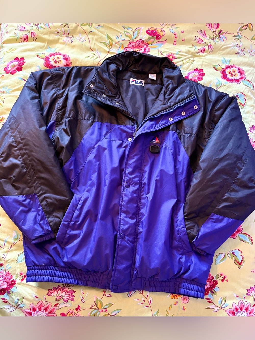 Fila Tech Vintage 90s Colorblock Black Purple Puffer Winter Jacket XL 30x27 EUC